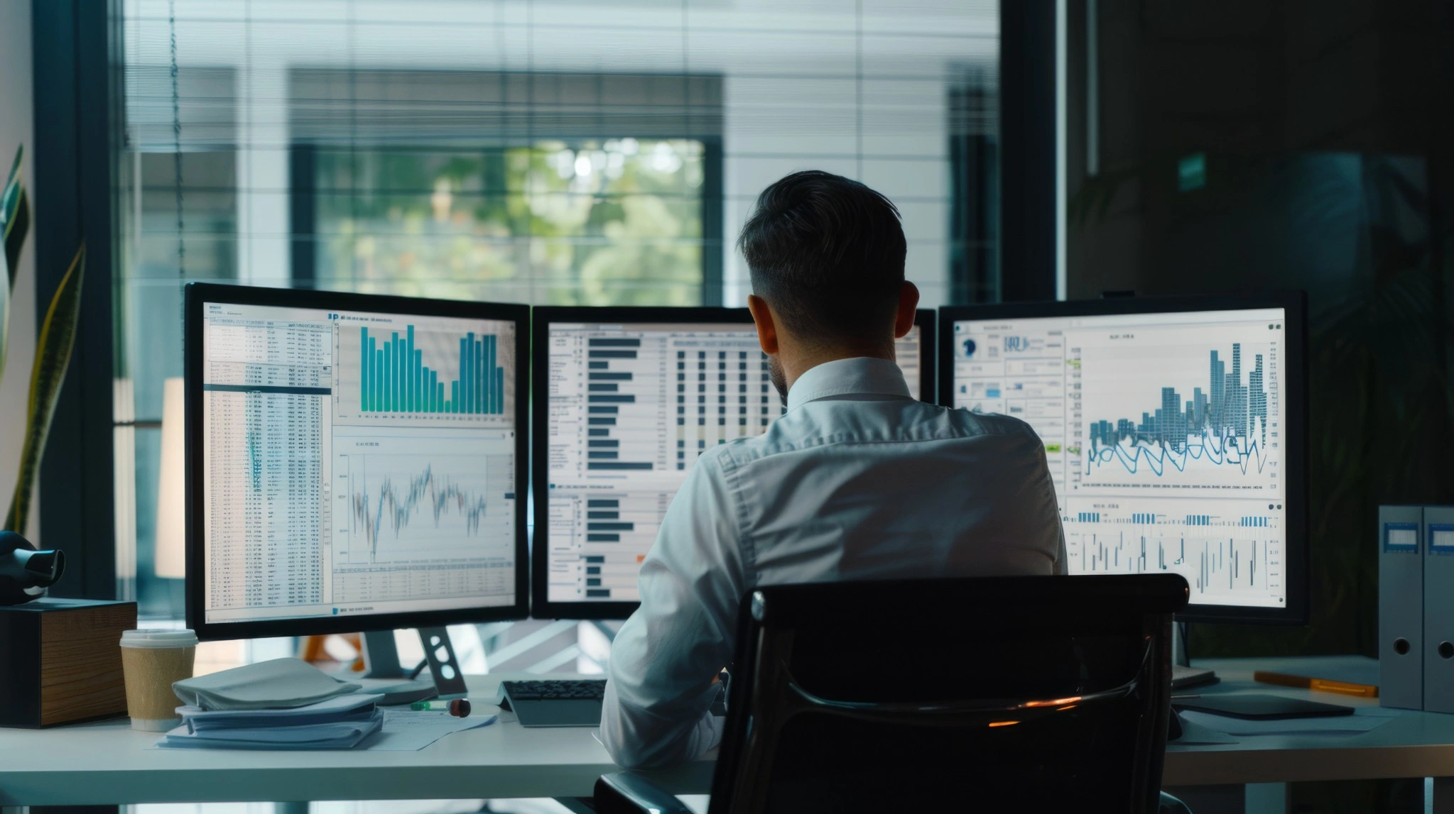 Accountant working with financial software on dual monitors